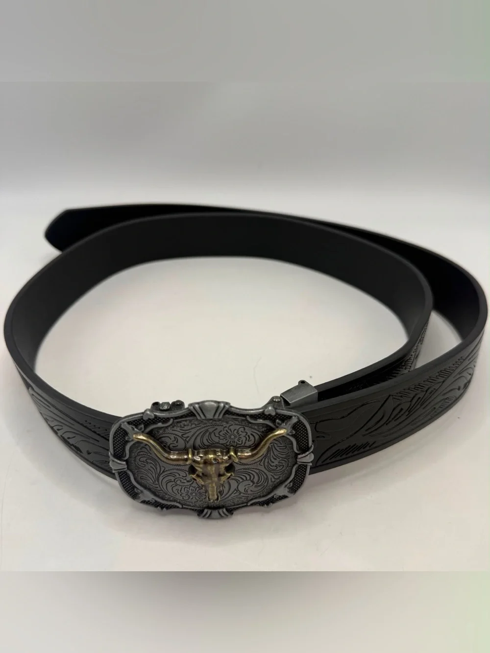 Western Cowboy Black Belt Longhorn Steer Skull Buckle 50” Rodeo Ranch Style
